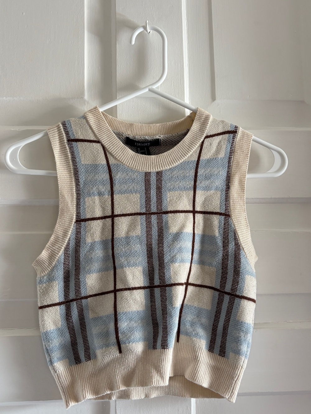Forever 21 Cream and Light Blue Plaid Knit Crop Vest